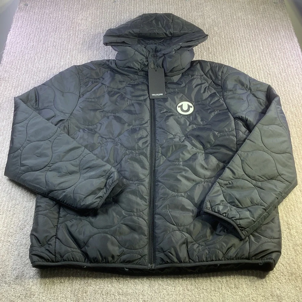 True‎ Religion Onion Quilt Puffer Jacket Black XL Detatchable Hood Full Zip NWT